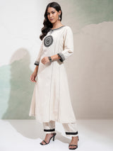 Women's Cream Ethnic Motifs Embroidered Panelled Mirror Work Pure Cotton Kurta With Trousers