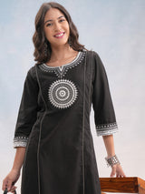 Women's Black & Silver Toned Ethnic Motifs Embroidered Cotton A Line Kurta With Palazzos
