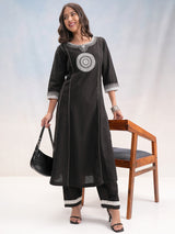 Women's Black & Silver Toned Ethnic Motifs Embroidered Cotton A Line Kurta With Palazzos