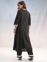 Women's Black & Silver Toned Ethnic Motifs Embroidered Cotton A Line Kurta With Palazzos