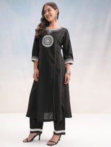 Women's Black & Silver Toned Ethnic Motifs Embroidered Cotton A Line Kurta With Palazzos