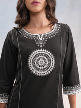 Women's Black & Silver Toned Ethnic Motifs Embroidered Cotton A Line Kurta With Palazzos
