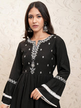 Women's Black Embrioderd Regular Thread Work Pure Cotton Kurta With Palazzos