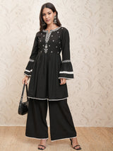 Women's Black Embrioderd Regular Thread Work Pure Cotton Kurta With Palazzos