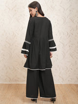 Women's Black Embrioderd Regular Thread Work Pure Cotton Kurta With Palazzos