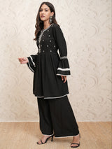 Women's Black Embrioderd Regular Thread Work Pure Cotton Kurta With Palazzos