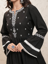 Women's Black Embrioderd Regular Thread Work Pure Cotton Kurta With Palazzos