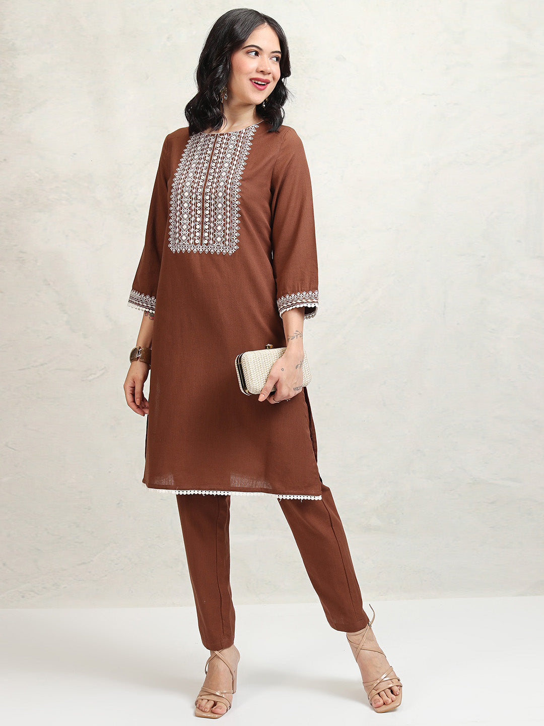 Women's Brown Embroidered Regular Kurta With Trousers