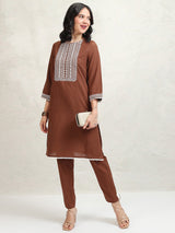 Women's Brown Embroidered Regular Kurta With Trousers
