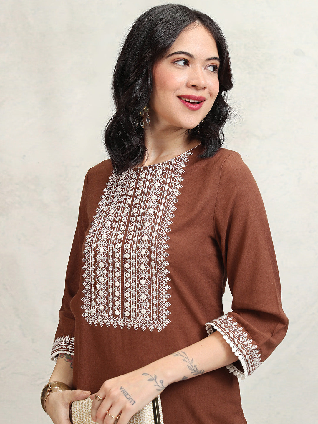 Women's Brown Embroidered Regular Kurta With Trousers