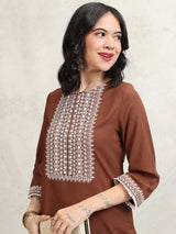 Women's Brown Embroidered Regular Kurta With Trousers