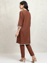Women's Brown Embroidered Regular Kurta With Trousers