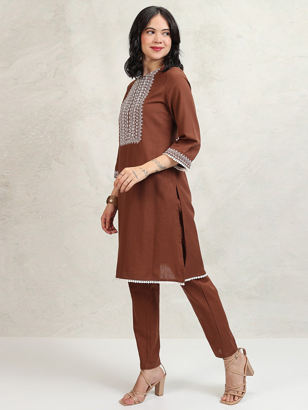 Women's Brown Embroidered Regular Kurta With Trousers