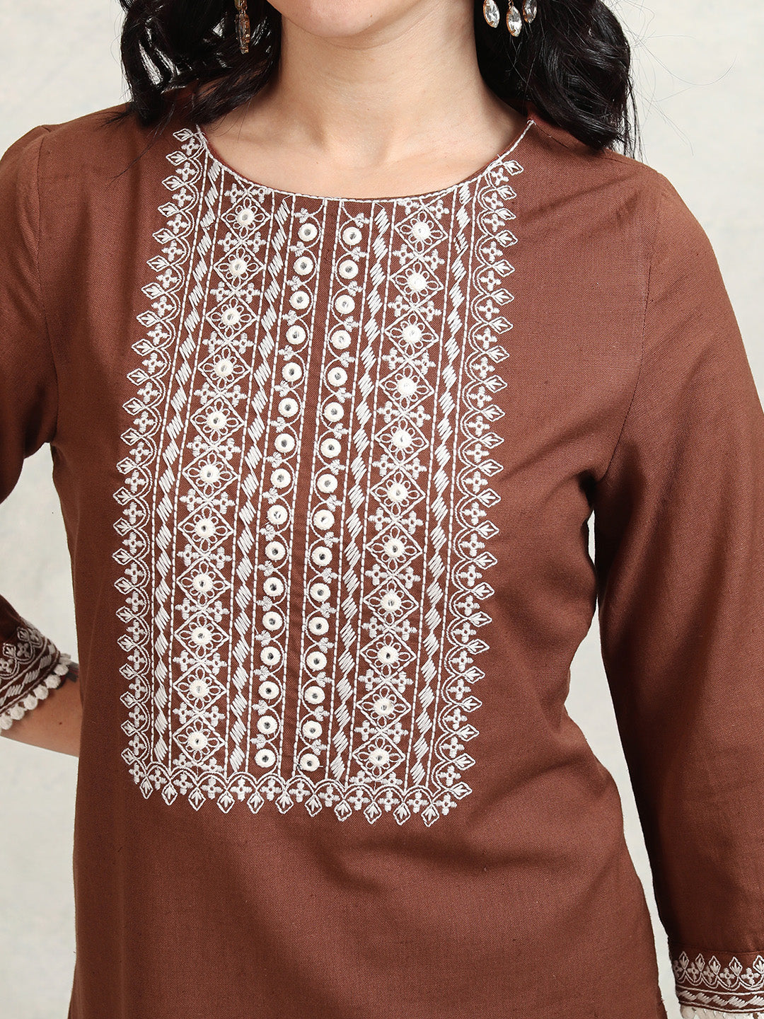 Women's Brown Embroidered Regular Kurta With Trousers