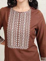 Women's Brown Embroidered Regular Kurta With Trousers