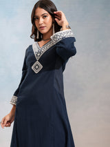 Women's Blue Embrioderd V-Neck Panelled Mirror Work Kurta With Trousers
