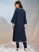 Women's Blue Embrioderd V-Neck Panelled Mirror Work Kurta With Trousers