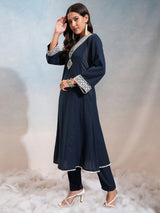 Women's Blue Embrioderd V-Neck Panelled Mirror Work Kurta With Trousers
