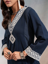 Women's Blue Embrioderd V-Neck Panelled Mirror Work Kurta With Trousers