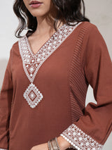 Women's Brown Embrioderd V-Neck Panelled Mirror Work Kurta With Palazzos