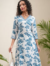 Women's White Embrioderd Printed Panelled Mirror Work Kurta With Trousers