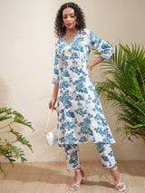 Women's White Embrioderd Printed Panelled Mirror Work Kurta With Trousers