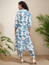 Women's White Embrioderd Printed Panelled Mirror Work Kurta With Trousers