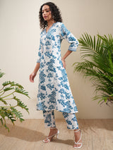 Women's White Embrioderd Printed Panelled Mirror Work Kurta With Trousers