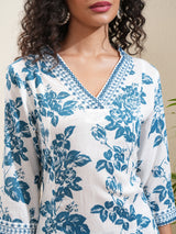 Women's White Embrioderd Printed Panelled Mirror Work Kurta With Trousers