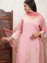 Women's Coral Pink Embrioderd V Neck Straight Kurta & Trousers With Dupatta