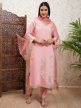 Women's Coral Pink Embrioderd V Neck Straight Kurta & Trousers With Dupatta