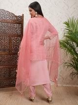 Women's Coral Pink Embrioderd V Neck Straight Kurta & Trousers With Dupatta