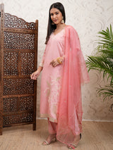 Women's Coral Pink Embrioderd V Neck Straight Kurta & Trousers With Dupatta