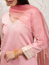 Women's Coral Pink Embrioderd V Neck Straight Kurta & Trousers With Dupatta
