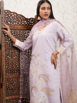 Women's Purple Ethnic Motifs Embroidered V Neck Straight Kurta & Trousers With Dupatta