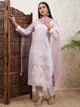 Women's Purple Ethnic Motifs Embroidered V Neck Straight Kurta & Trousers With Dupatta