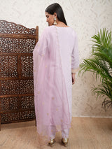 Women's Purple Ethnic Motifs Embroidered V Neck Straight Kurta & Trousers With Dupatta