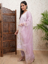 Women's Purple Ethnic Motifs Embroidered V Neck Straight Kurta & Trousers With Dupatta