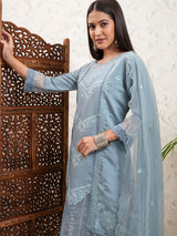 Women's Grey Embrioderd Round Neck Straight Kurta & Trousers With Dupatta