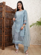 Women's Grey Embrioderd Round Neck Straight Kurta & Trousers With Dupatta