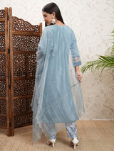 Women's Grey Embrioderd Round Neck Straight Kurta & Trousers With Dupatta