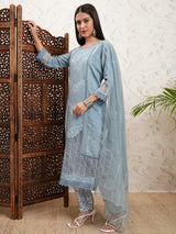 Women's Grey Embrioderd Round Neck Straight Kurta & Trousers With Dupatta