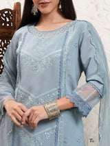 Women's Grey Embrioderd Round Neck Straight Kurta & Trousers With Dupatta