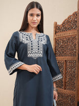 Women's Indigo Blue Ethnic Regular Fit Three Quarter Sleeves Kurta