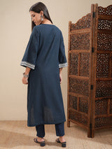Women's Indigo Blue Ethnic Regular Fit Three Quarter Sleeves Kurta
