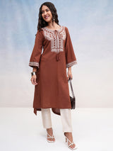 Women's Brown Ethnic Regular Fit Three Quarter Sleeves Kurta