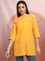 Women's Mustard Ethnic Regular Fit Three Quarter Sleeves Top