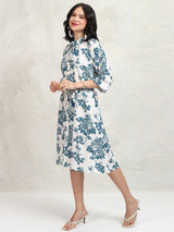 Women's White Blue Ethnic Floral Regular Fit Half Sleeves Dress