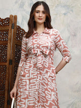 Women's Nude Pink Ethnic Abstract Regular Fit Three Quarter Sleeves Dress