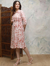 Women's Nude Pink Ethnic Abstract Regular Fit Three Quarter Sleeves Dress